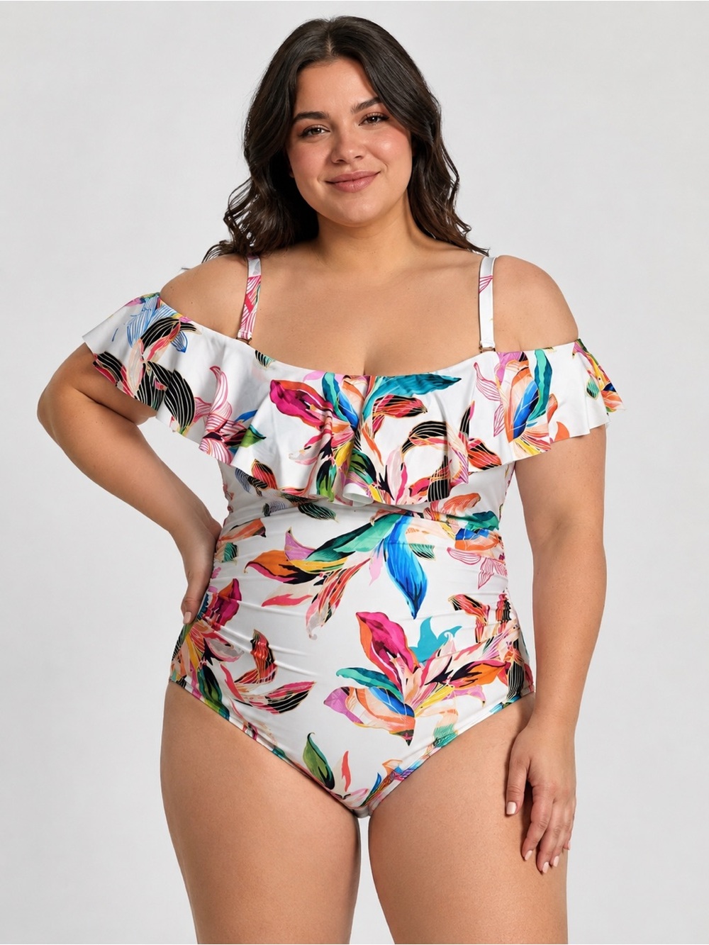 La Blanca 18W One Piece Swimsuit NWT White Tropical Off Shoulder Tummy Control